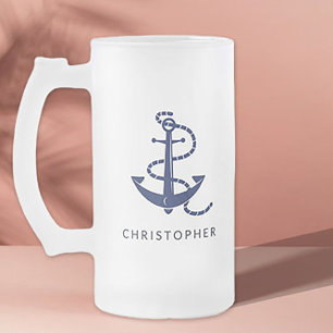 Gepersonaliseerde naam Navy Anker Nautical Matglas Bierpul