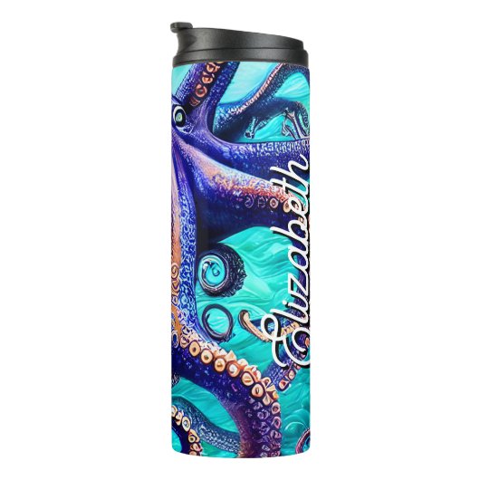 Gepersonaliseerde naam Octopus Blue Ocean Wave Abs Thermosbeker (Geroteerd rechts)