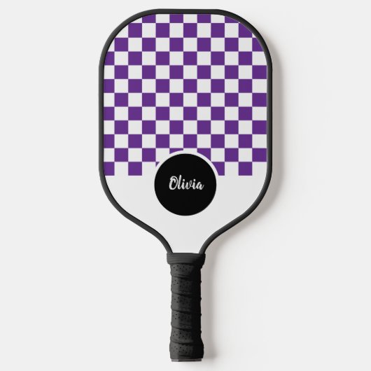 Gepersonaliseerde Naam paarse en witte Checker Pat Pickleball Paddle (Voorkant)