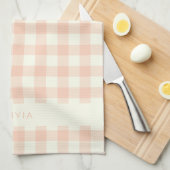 Gepersonaliseerde naam Peach Gingham Check Plaid R Theedoek (Quarter Fold)