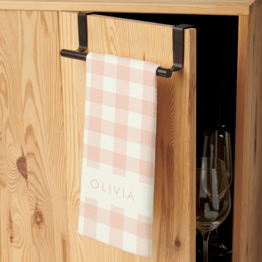 Gepersonaliseerde naam Peach Gingham Check Plaid R Theedoek (Derde Gevouwen)