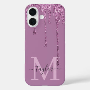 Gepersonaliseerde naam Pink Fake Glitter Drip Mono iPhone 16 Hoesje