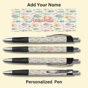 Gepersonaliseerde naam, roze Aqua Boho veren Pen