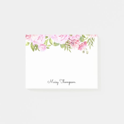 Gepersonaliseerde naam Roze Bloemen Script Post-it® Notes (Voorkant)