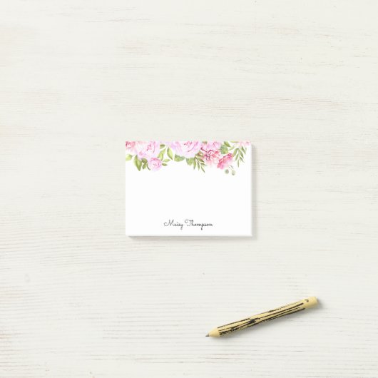 Gepersonaliseerde naam Roze Bloemen Script Post-it® Notes (Op bureau)