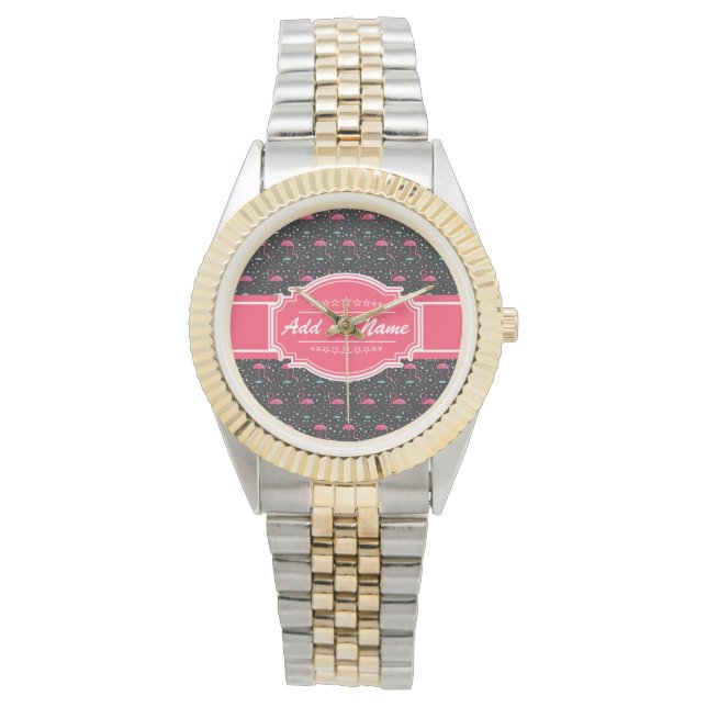 Gepersonaliseerde naam Roze Flamingo patroon Horloge (Voorkant)
