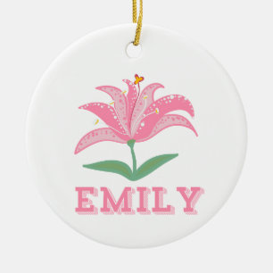 Gepersonaliseerde naam roze lelie bloem baby keramisch ornament