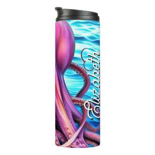Gepersonaliseerde naam Roze Octopus Blue Ocean Wav Thermosbeker