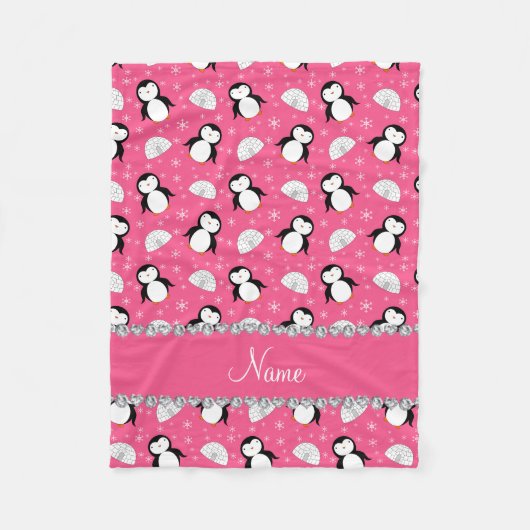 Gepersonaliseerde naam roze pinguïns gooit sneeuwv fleece deken (Voorkant)