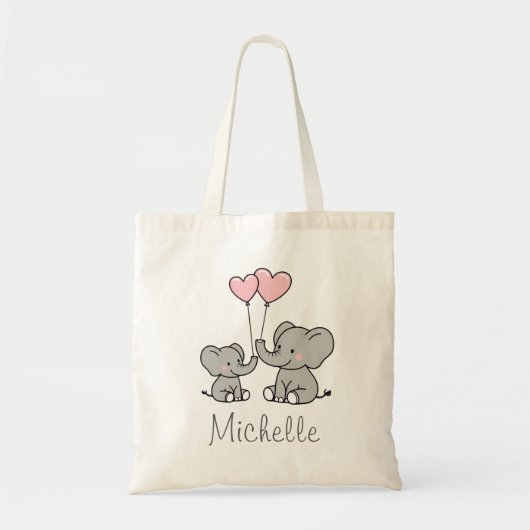 Gepersonaliseerde naam Schattige Olifant Mom & Bab Tote Bag (Voorkant)