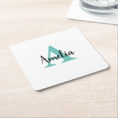 Gepersonaliseerde naam Turquoise Script Monogram Vierkante Kartonnen Onderzetter (Schuin)