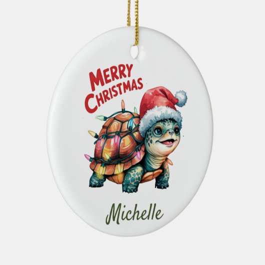 Gepersonaliseerde naam Vrolijke Kerstschildpad in Keramisch Ornament (Rechts)