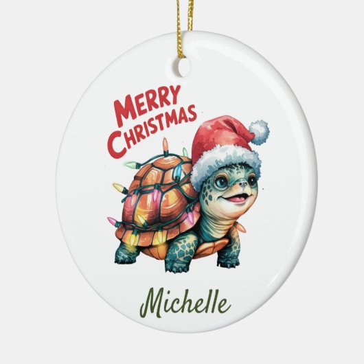 Gepersonaliseerde naam Vrolijke Kerstschildpad in Keramisch Ornament (Links)
