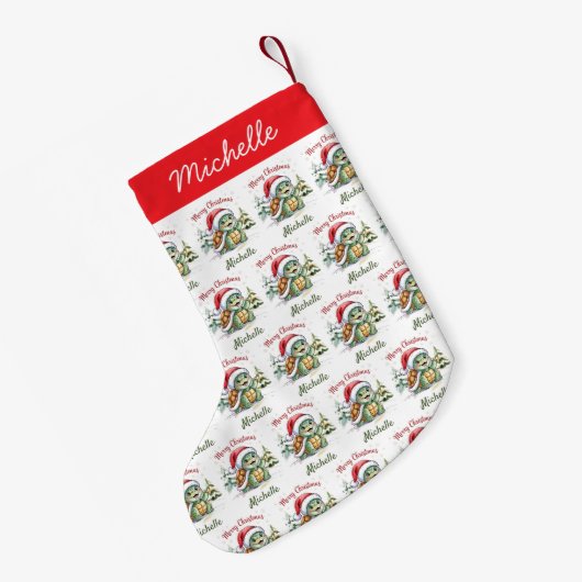 Gepersonaliseerde naam Vrolijke Kerstschildpad in Kleine Kerstsok (Achterkant (Hangend))