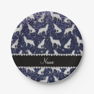 Gepersonaliseerde naam zilverwolf navy blue glitte papieren bordje