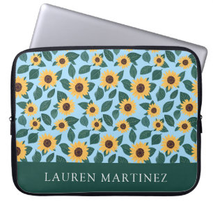 Gepersonaliseerde Naam Zonnebloem Patroon op Blauw Laptop Sleeve