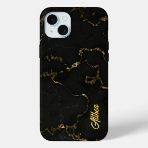 Gepersonaliseerde Naam Zwart en Goud Marbled iPhone 15 Mini Hoesje