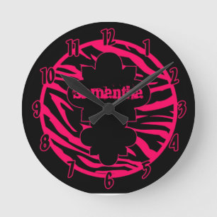 Gepersonaliseerde naamklok Hot Pink Black Zebra Pr Ronde Klok