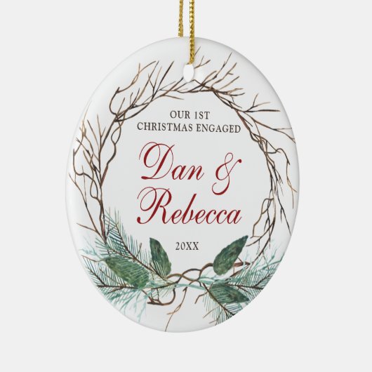 Gepersonaliseerde Names Verloving Waterverf Wreate Keramisch Ornament (Rechts)