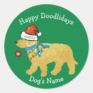 Gepersonaliseerde Naughty Kerstmis Goldendoodle Ronde Sticker