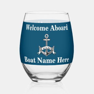 Gepersonaliseerde Nautical Boot Naam Anker Blauw W Wijnglas Zonder Voet