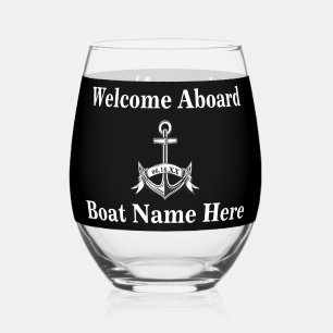 Gepersonaliseerde Nautical Boot Naam Anker Zwart W Wijnglas Zonder Voet