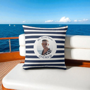 Gepersonaliseerde Nautisch Blauw Stripe Fotokussen Kussen