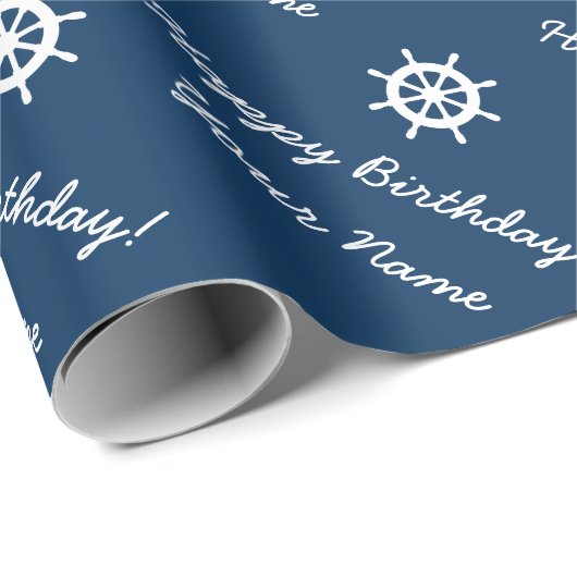 Gepersonaliseerde nautische schip wiel blauw en wi cadeaupapier (Rol Hoek)
