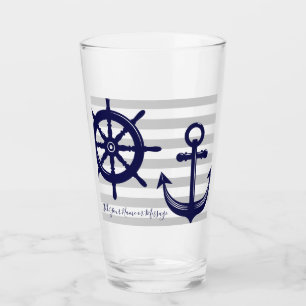 Gepersonaliseerde Navy Blue Anchor Boat Wheel Naut Glas