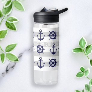 Gepersonaliseerde Navy Blue Anchor Boat Wheel Naut Waterfles