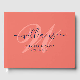 Gepersonaliseerde Navy Blue en Coral Monogram brui Gastenboek