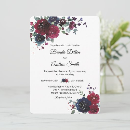 Gepersonaliseerde Navy en Bourgondische bruiloft Kaart (Staand voorkant)