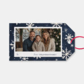Gepersonaliseerde Navy Snowflake Kerstfoto Cadeaulabel (Voorkant (Horizontaal))