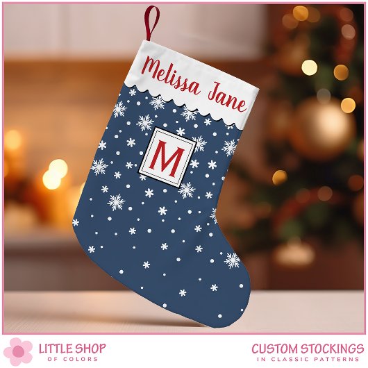 Gepersonaliseerde Navy Snowflakes Monogram Kleine Kerstsok
