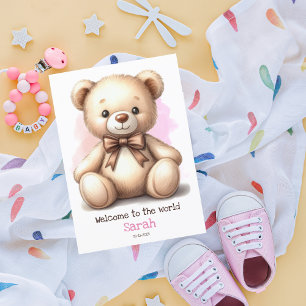 Gepersonaliseerde nieuwe baby roze teddybeer Kaart