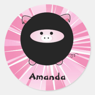 Gepersonaliseerde Ninja Pig op Roze Ronde Sticker