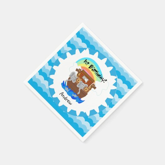 Gepersonaliseerde Noah's Ark 1e Verjaardag Papiere Servetten (Hoek)
