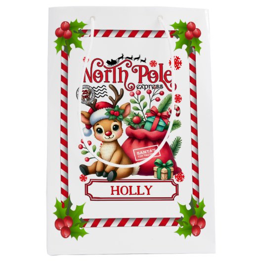 Gepersonaliseerde Noordpool Express Rendier Medium Cadeauzakje (Voorkant)