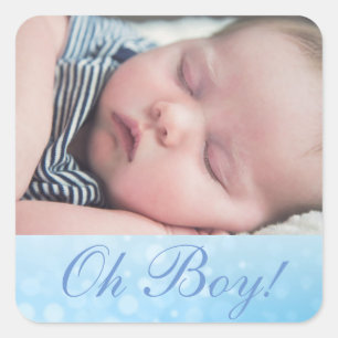 Gepersonaliseerde "OH Boy" Foto Nieuwe Baby aankon Vierkante Sticker