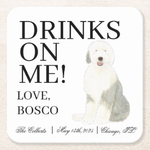 Gepersonaliseerde Old English Sheepdog Wedding Vierkante Kartonnen Onderzetter