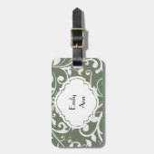 Gepersonaliseerde Olive Green White Flourish Bagagelabel (Voorkant verticaal)