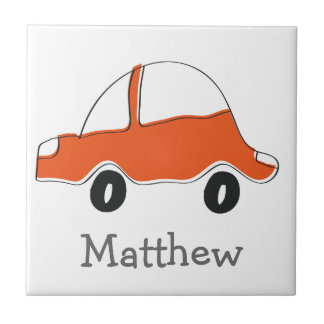 Gepersonaliseerde oranje doodle auto baby shower, tegeltje