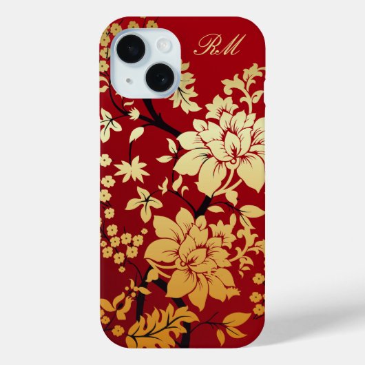 Gepersonaliseerde Oriental Golden Flowers op Red Case-Mate iPhone Case (Achterkant)