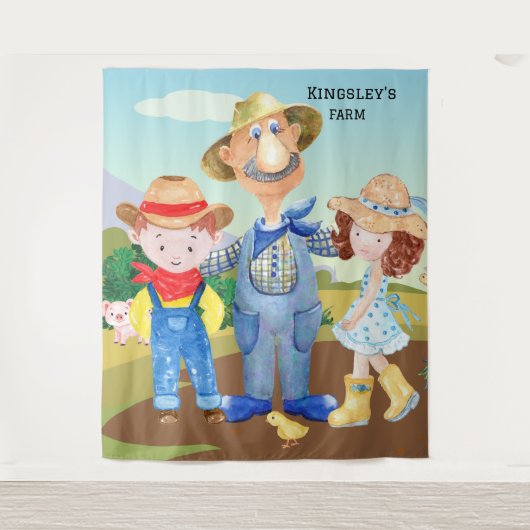 Gepersonaliseerde oude MacDonald's Boerderij Blue Wandkleed (Voorkant)