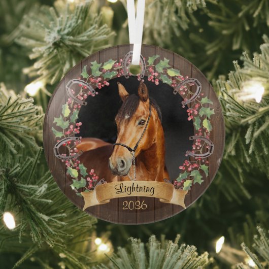 Gepersonaliseerde Paard Foto Rustieke Kerstmis Glas Ornament (Insitu)