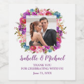 Gepersonaliseerde Paarse Bloemen Foto Bruiloft Wijn Etiket (Enkel label)