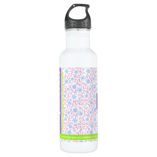 Gepersonaliseerde Paarse Bloemnaam & Monogram Waterfles (Voorkant)