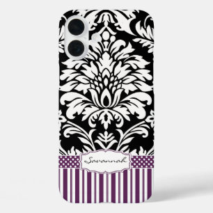 Gepersonaliseerde Paarse Damask Love Bird iPhone 16 Plus Hoesje