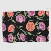 Gepersonaliseerde Paarse en Peach Floral Dames Golfhanddoek (Horizontaal)