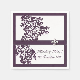 Gepersonaliseerde Paarse Fleur de Lis Damask Style Servet